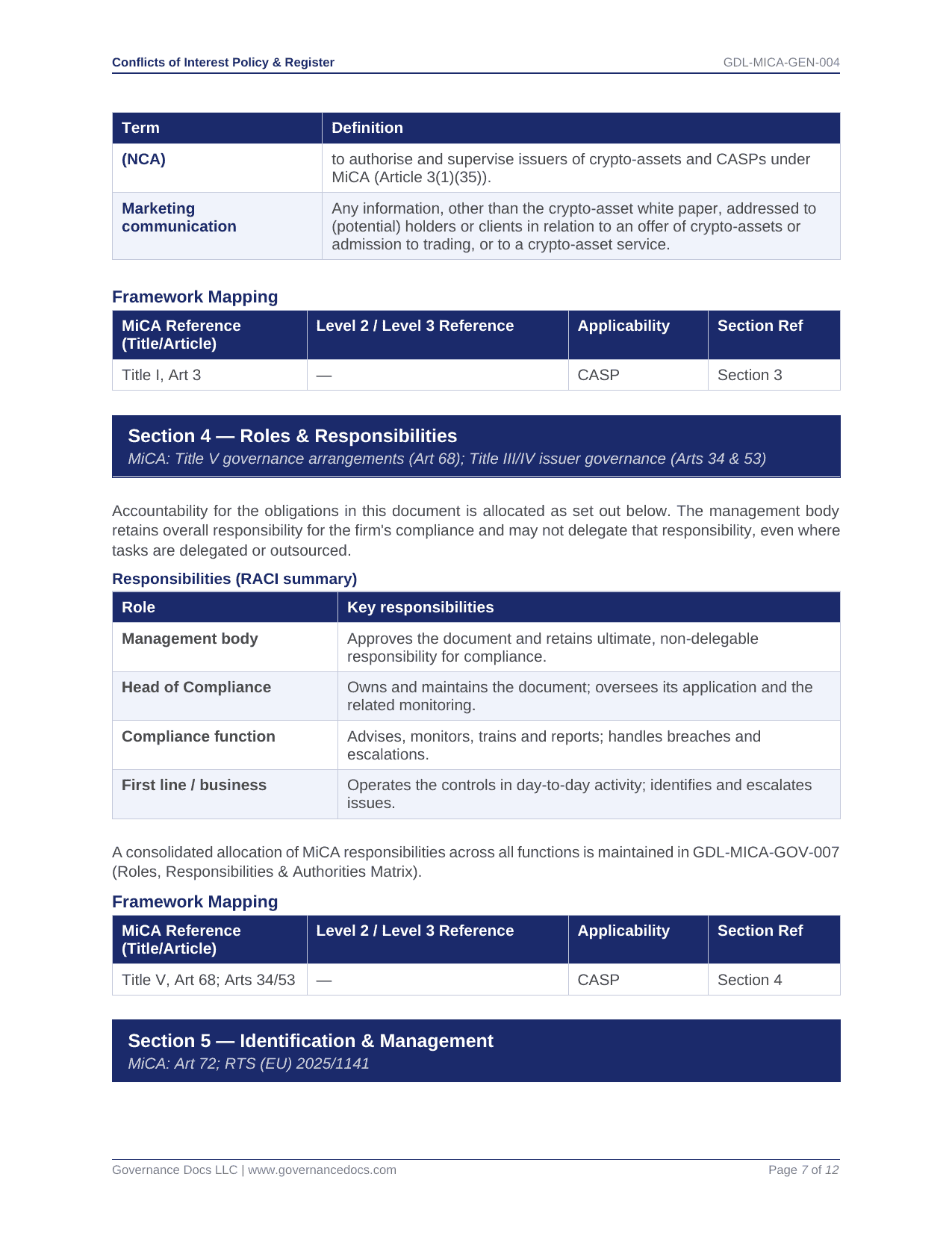 GDL-MICA-GEN-004: Conflicts of Interest Policy & Responsibilities.