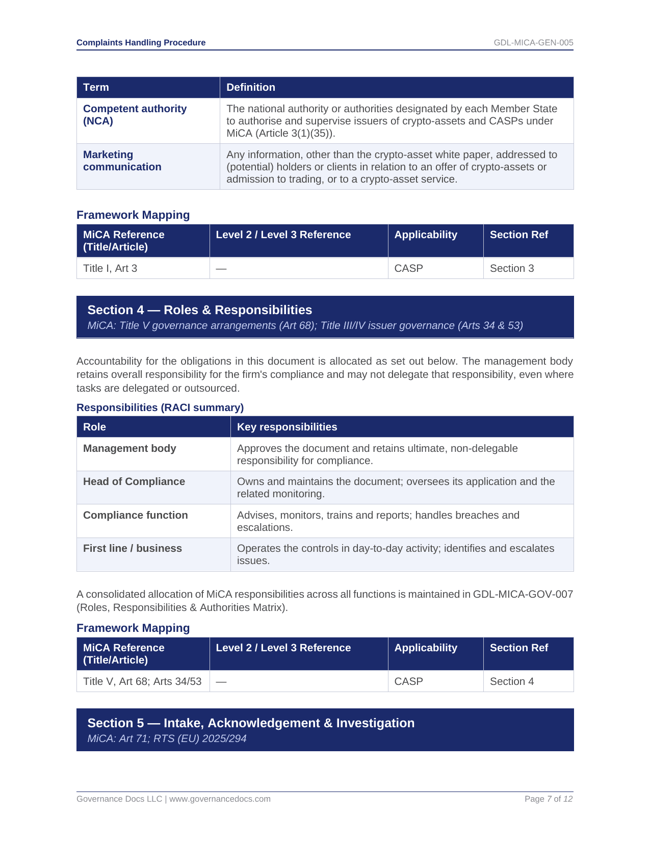 GDL-MICA-GEN-005 Complaints Handling Procedure document overview.