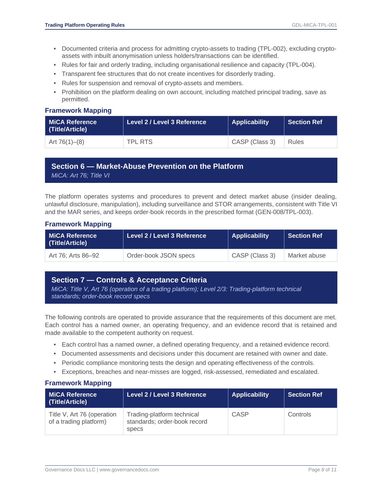 ISO Toolkits trading platform rules and controls for MiCA compliance.