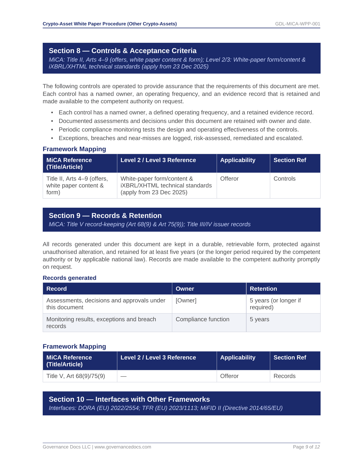 ISO Toolkits for MiCA compliance with controls and acceptance criteria.