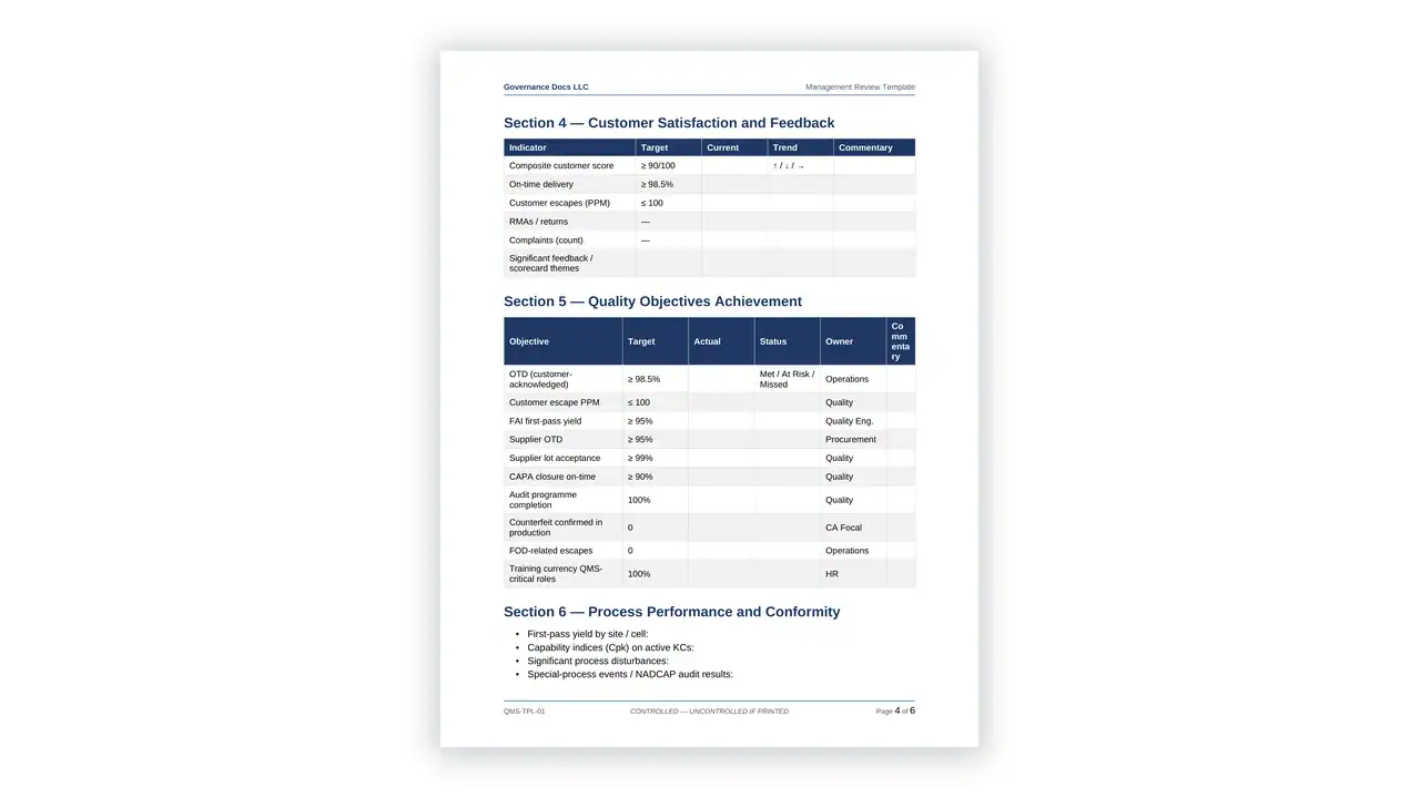 Preview of the Management Review Template from the AS 9100/9110/9120 Aerospace QMS Toolkit on iso-toolkits.com