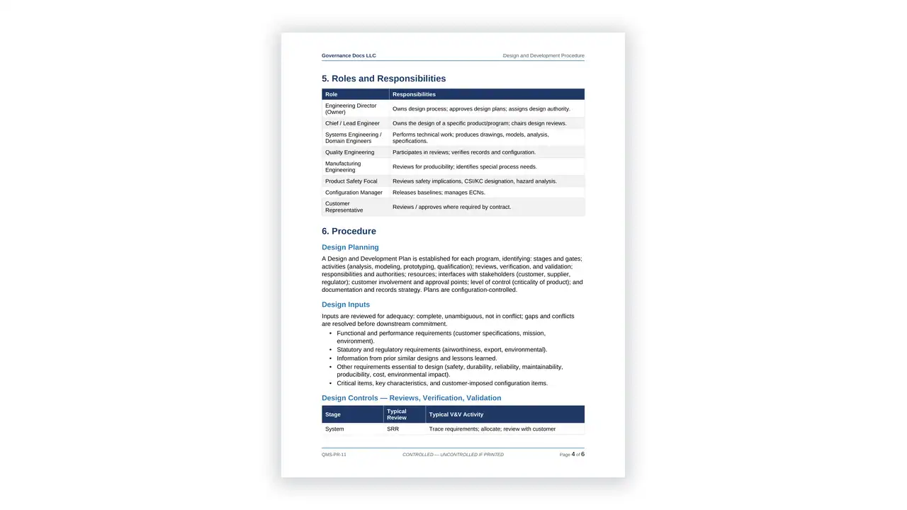 Preview of the Design and Development Procedure from the AS 9100/9110/9120 Aerospace QMS Toolkit on iso-toolkits.com