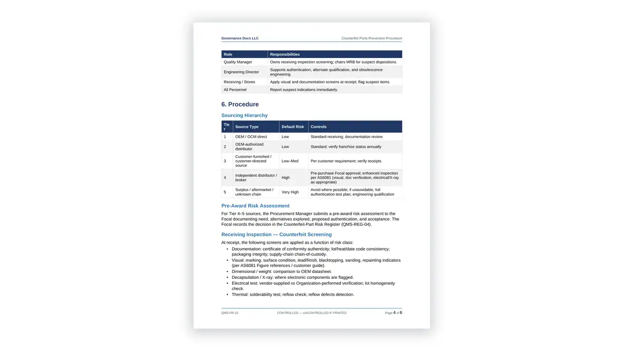 Preview of the Counterfeit Parts Prevention Procedure from the AS 9100/9110/9120 Aerospace QMS Toolkit on iso-toolkits.com