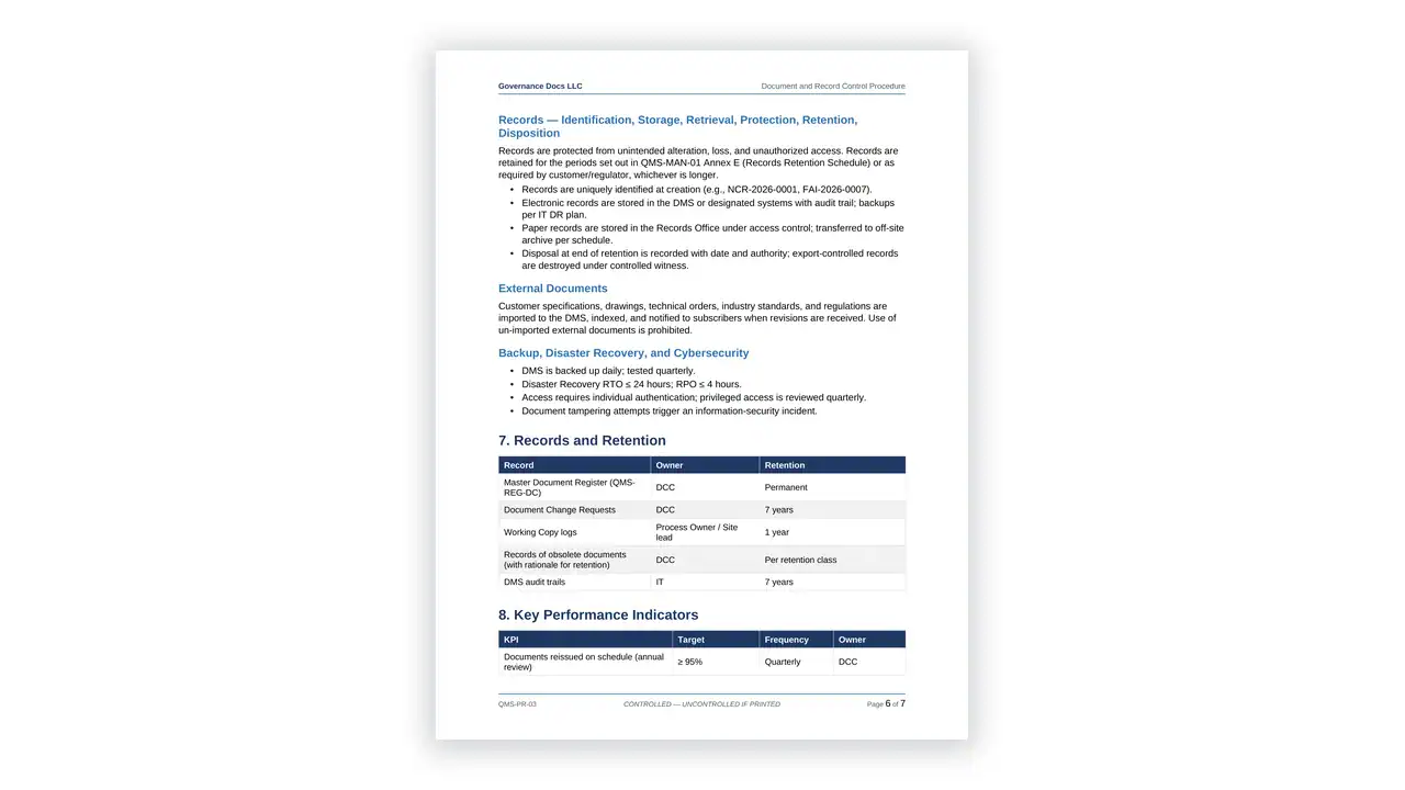Preview of the Document and Record Control Procedure from the AS 9100/9110/9120 Aerospace QMS Toolkit on iso-toolkits.com