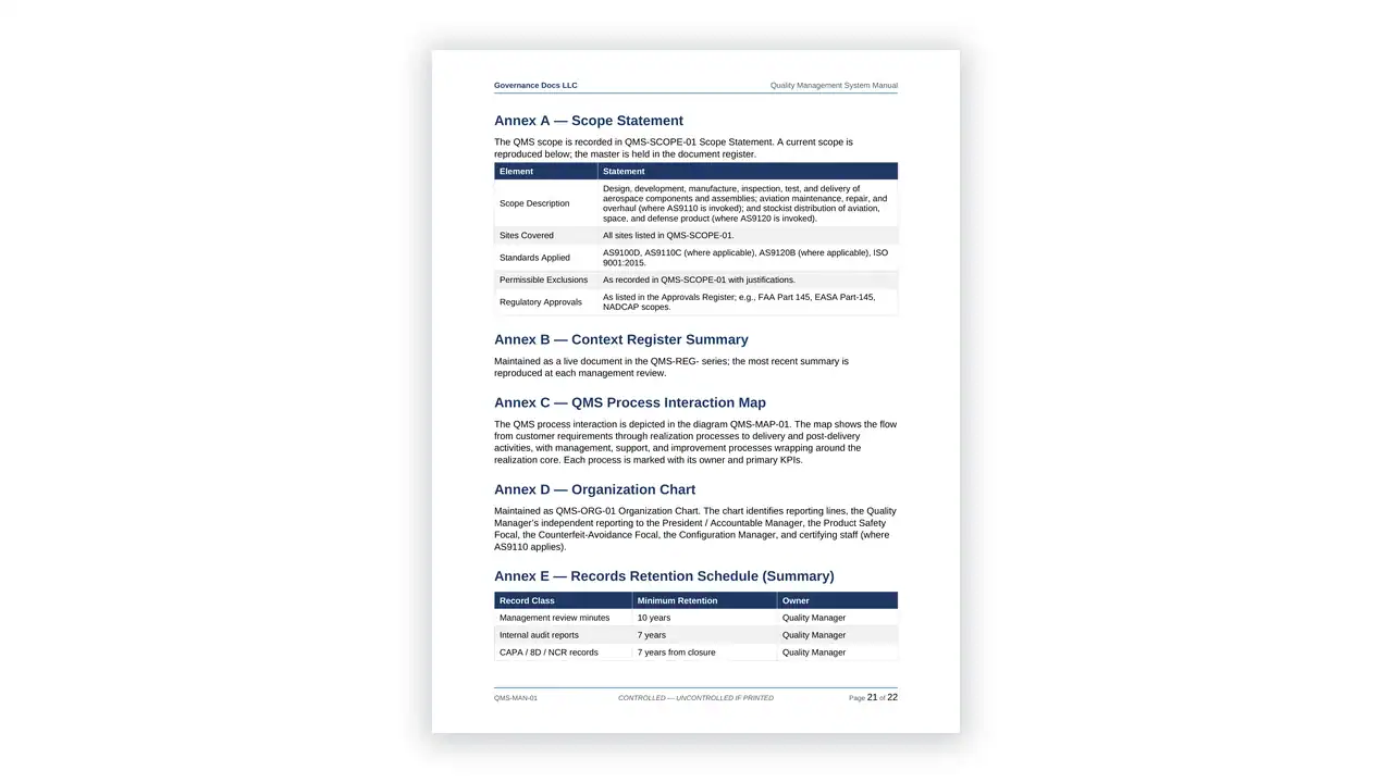 Preview of the Quality Management System Manual from the AS 9100/9110/9120 Aerospace QMS Toolkit on iso-toolkits.com