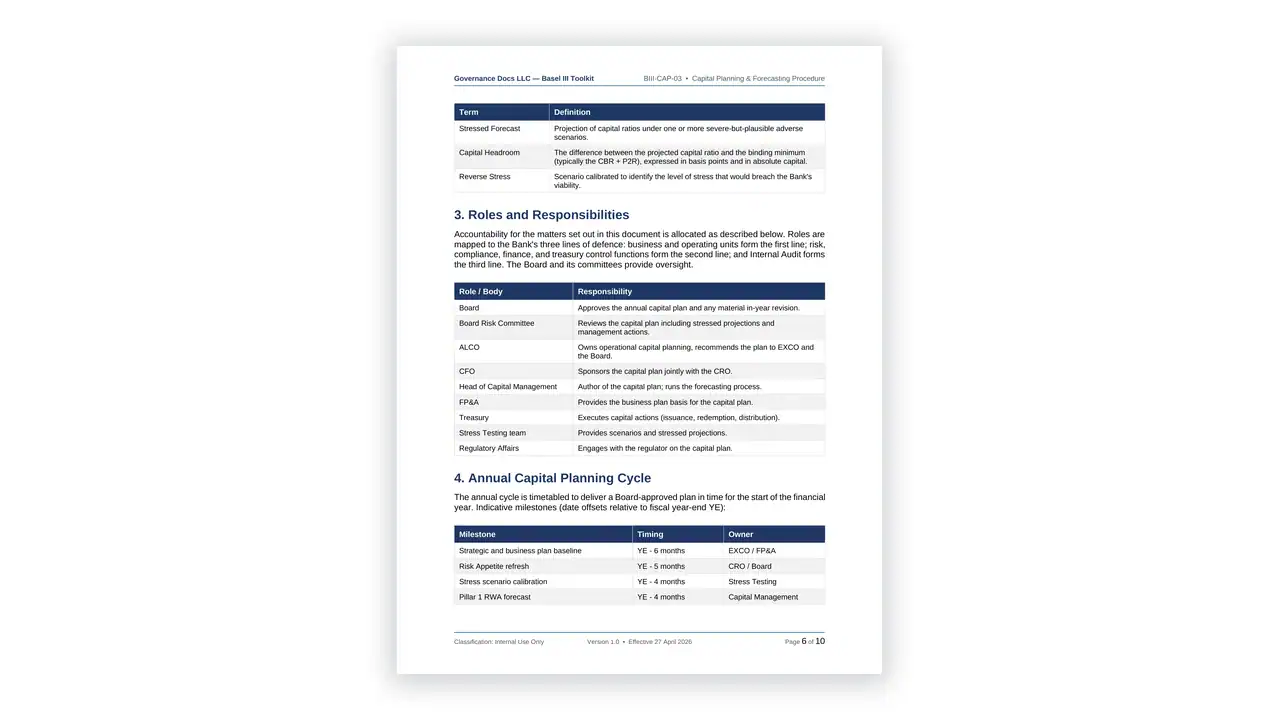 Preview of the Capital Planning and Forecasting Procedure from the Basel III Prudential Risk Toolkit on iso-toolkits.com