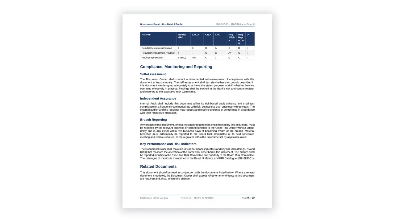 Preview of the RACI Matrix from the Basel III Prudential Risk Toolkit on iso-toolkits.com