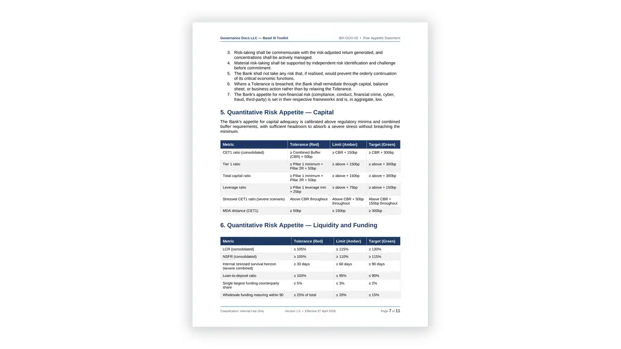 Preview of the Risk Appetite Statement from the Basel III Prudential Risk Toolkit on iso-toolkits.com