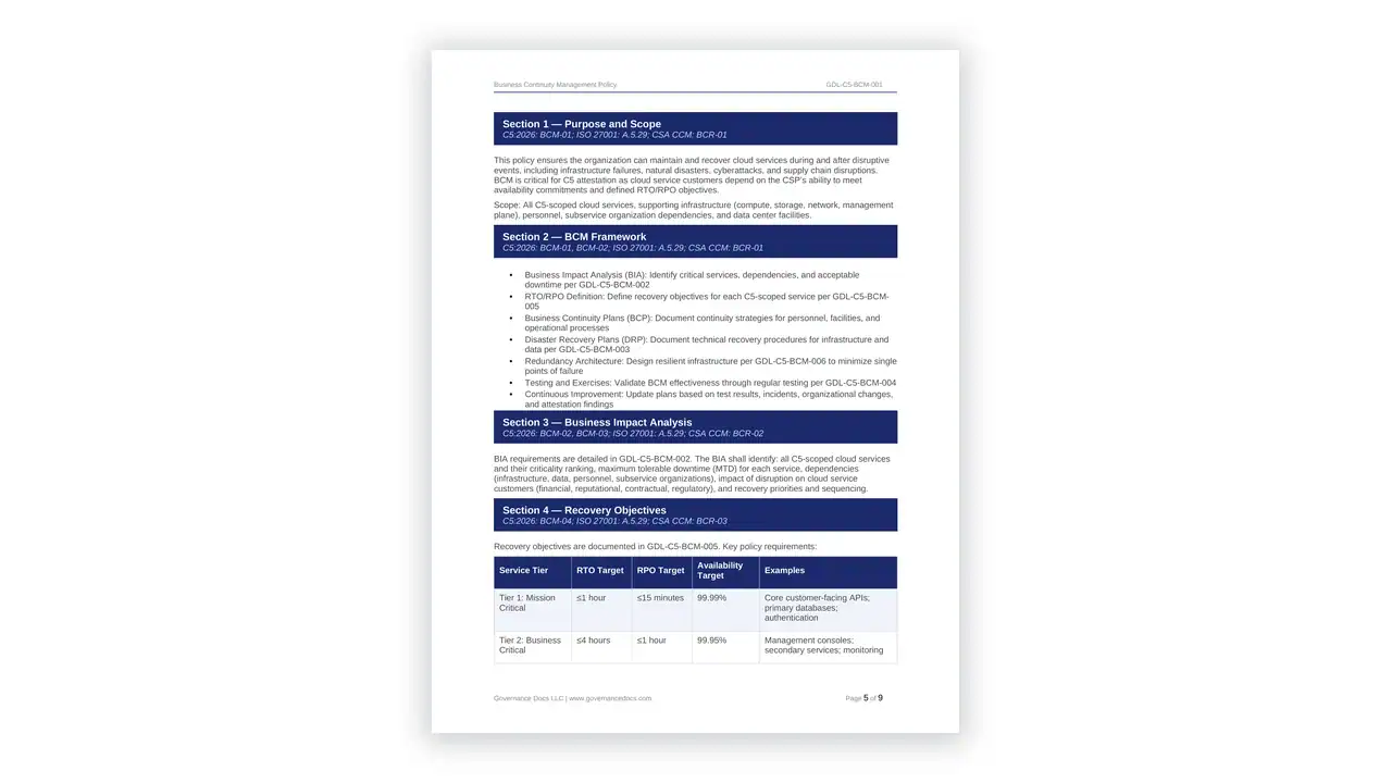 Preview of the Business Continuity Management Policy from the BSI C5:2026 Cloud Toolkit on iso-toolkits.com