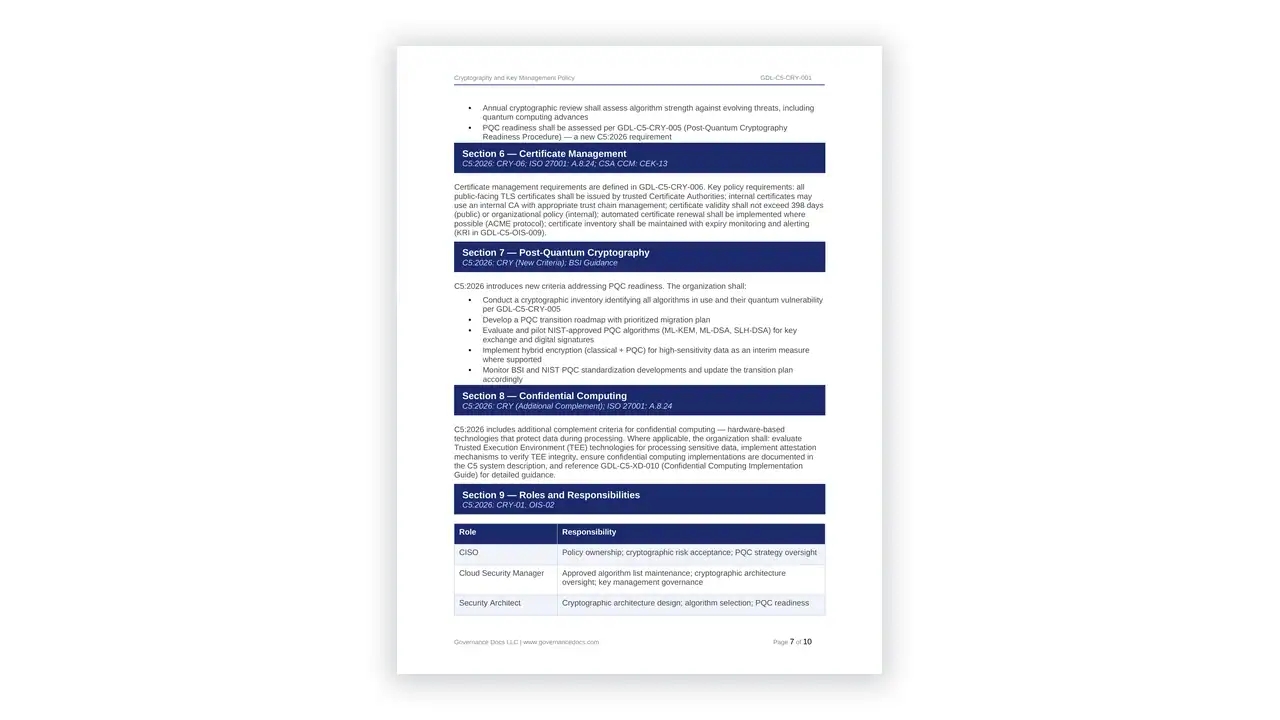 Preview of the Cryptography and Key Management Policy from the BSI C5:2026 Cloud Toolkit on iso-toolkits.com