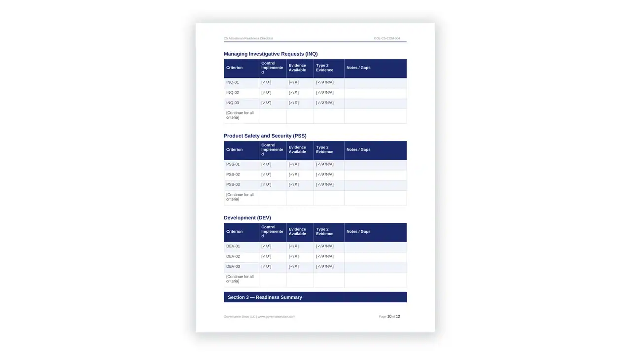 Preview of the C5 Attestation Readiness Checklist from the BSI C5:2026 Cloud Toolkit on iso-toolkits.com
