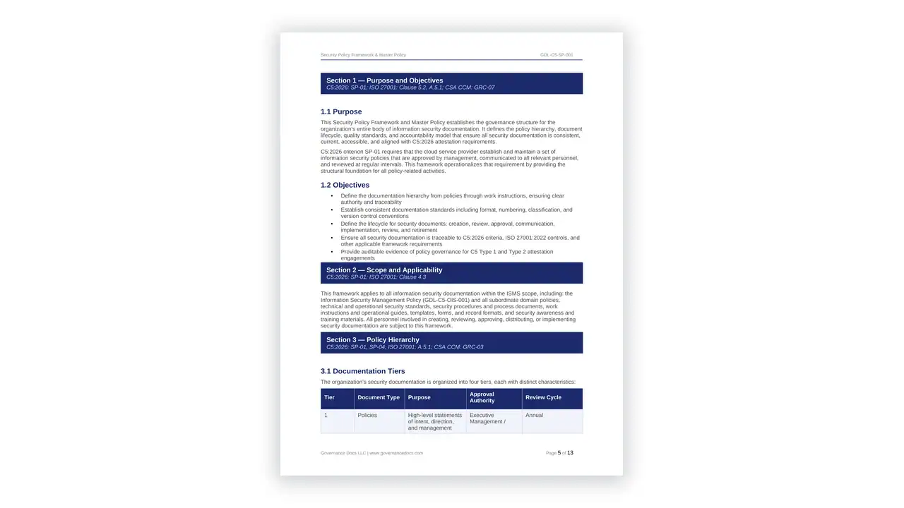 Preview of the Security Policy Framework & Master Policy from the BSI C5:2026 Cloud Toolkit on iso-toolkits.com