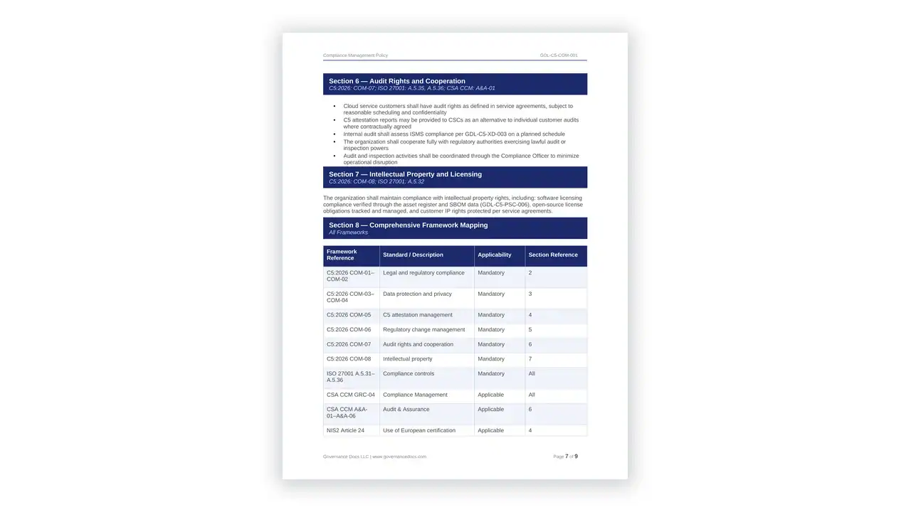 Preview of the Compliance Management Policy from the BSI C5:2026 Cloud Toolkit on iso-toolkits.com