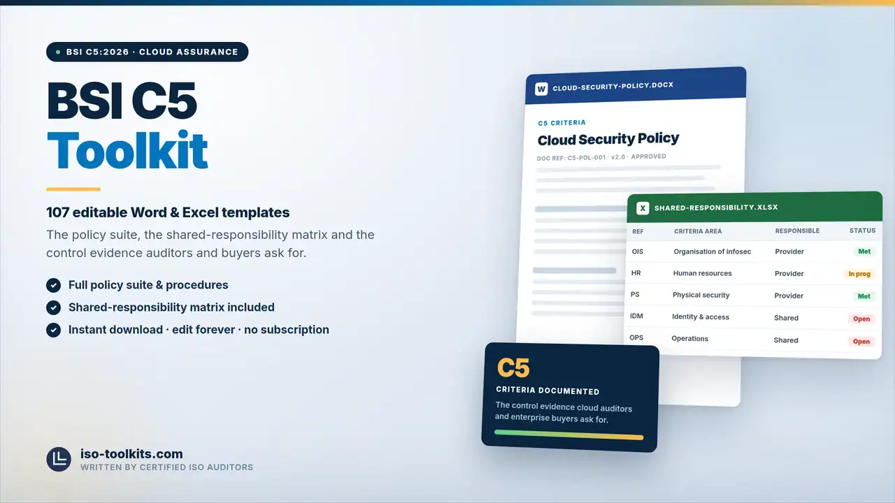 BSI C5 Toolkit — 107 editable Word and Excel templates including the Cloud Security Policy and a Shared Responsibility, from iso-toolkits.com