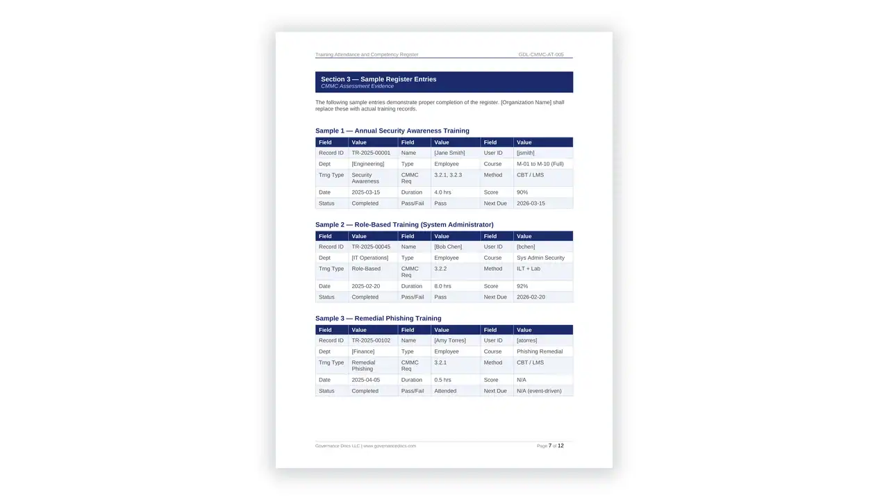Preview of the Training Attendance and Competency Register from the CMMC Documentation Toolkit on iso-toolkits.com