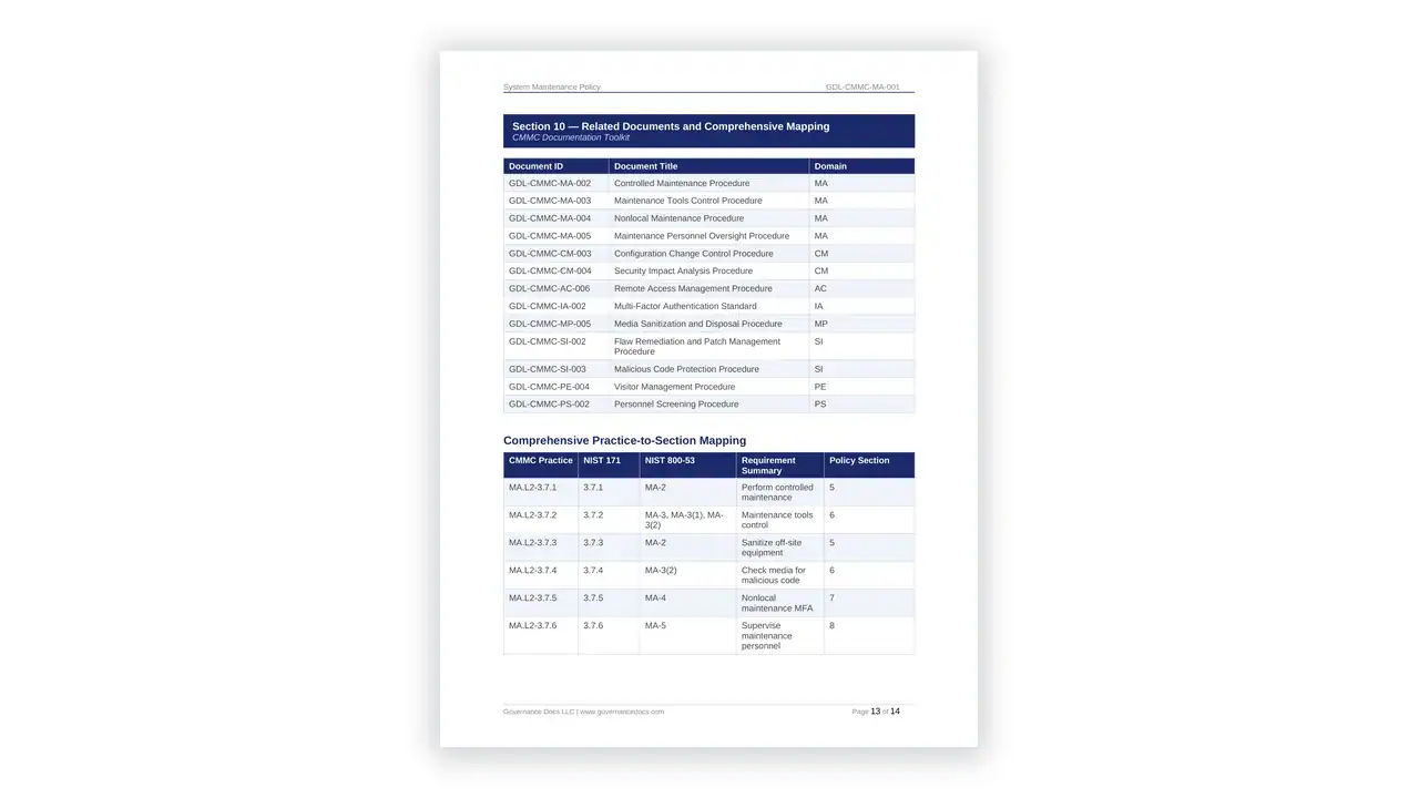 Preview of the System Maintenance Policy from the CMMC Documentation Toolkit on iso-toolkits.com