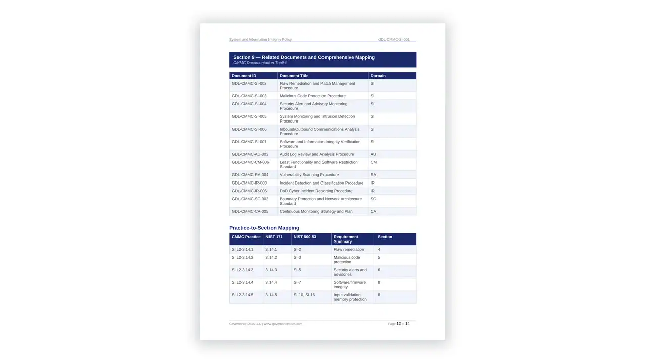 Preview of the System and Information Integrity Policy from the CMMC Documentation Toolkit on iso-toolkits.com