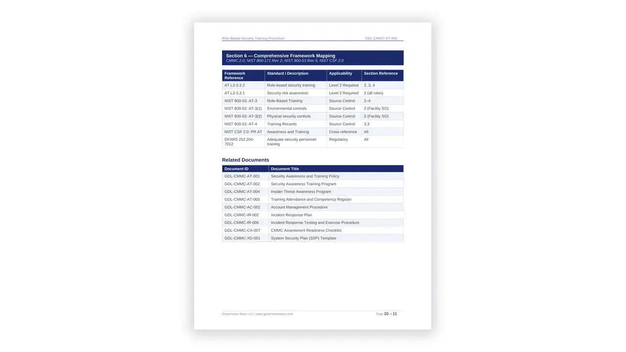 Preview of the Role-Based Security Training Procedure from the CMMC Documentation Toolkit on iso-toolkits.com