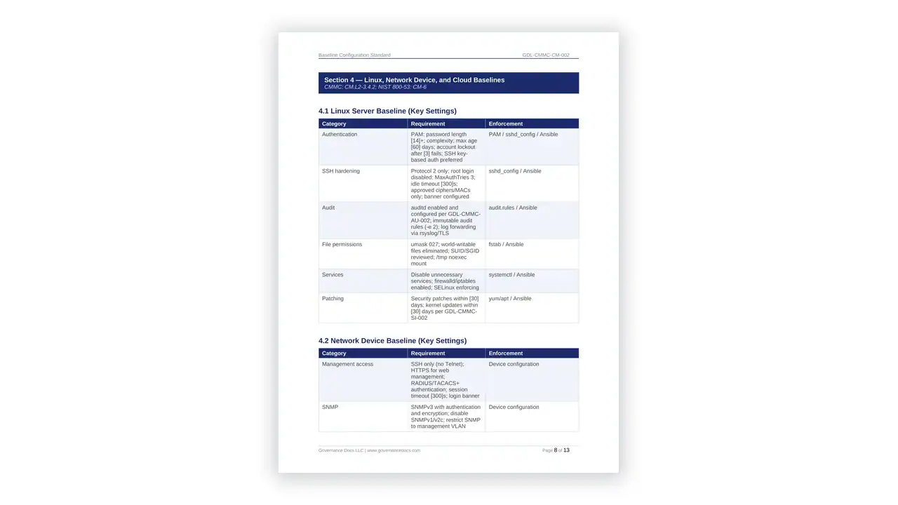 Preview of the Baseline Configuration Standard from the CMMC Documentation Toolkit on iso-toolkits.com