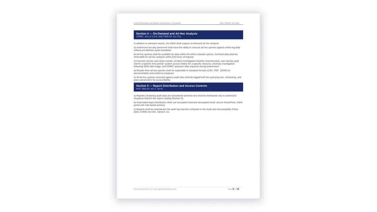 Preview of the Audit Reduction and Report Generation Procedure from the CMMC Documentation Toolkit on iso-toolkits.com