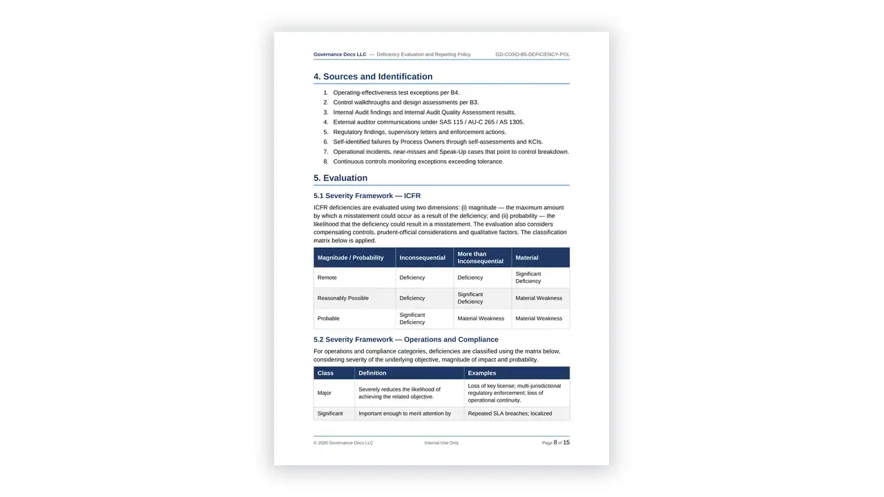 Preview of the B5 - Deficiency Evaluation and Reporting Policy from the COSO ERM & Internal Control Toolkit on iso-toolkits.com