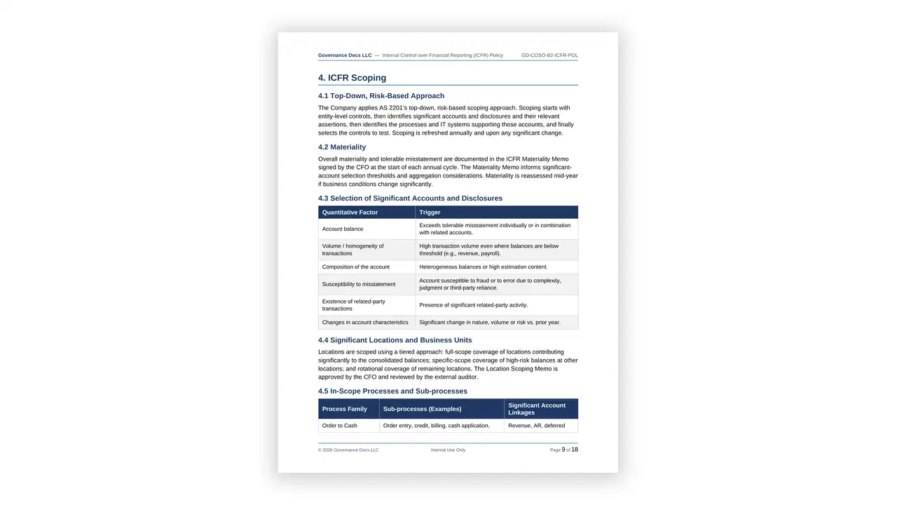 Preview of the B2 - ICFR Policy from the COSO ERM & Internal Control Toolkit on iso-toolkits.com