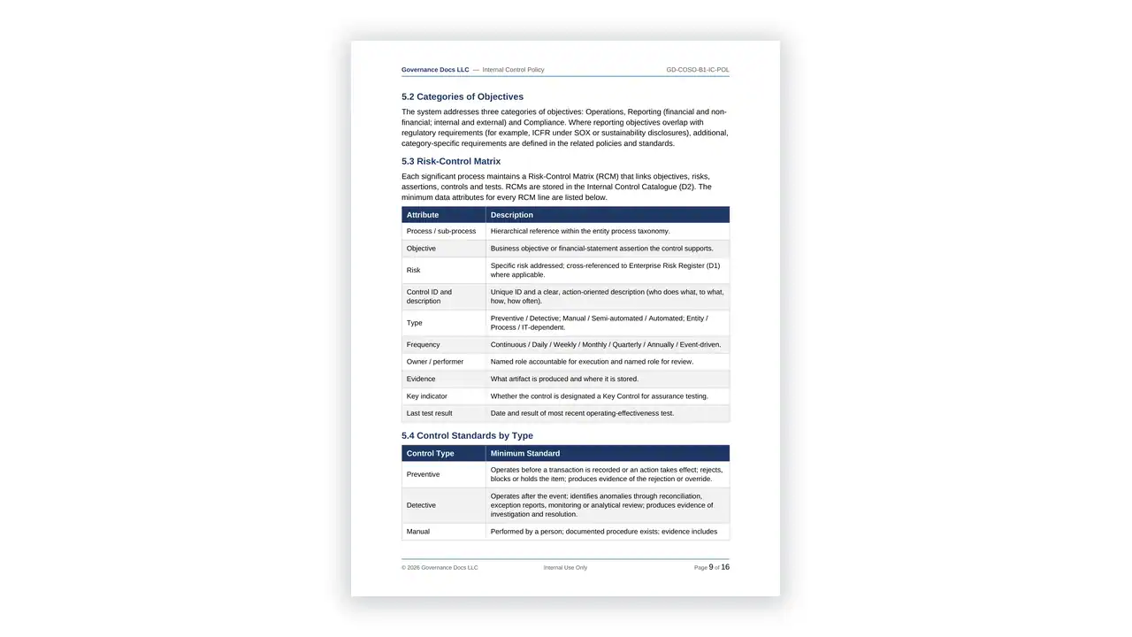 Preview of the B1 - Internal Control Policy from the COSO ERM & Internal Control Toolkit on iso-toolkits.com