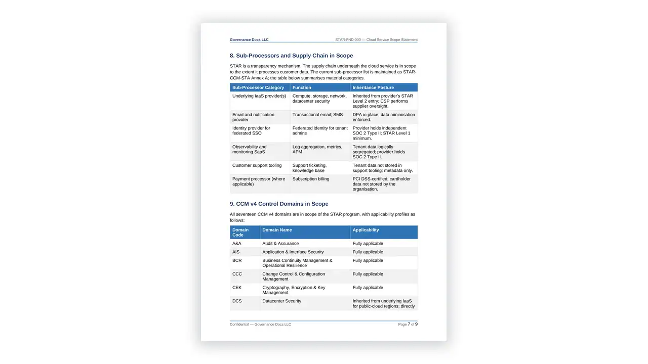 Preview of the Cloud-Service-Scope-Statement from the CSA STAR Cloud Security Toolkit on iso-toolkits.com