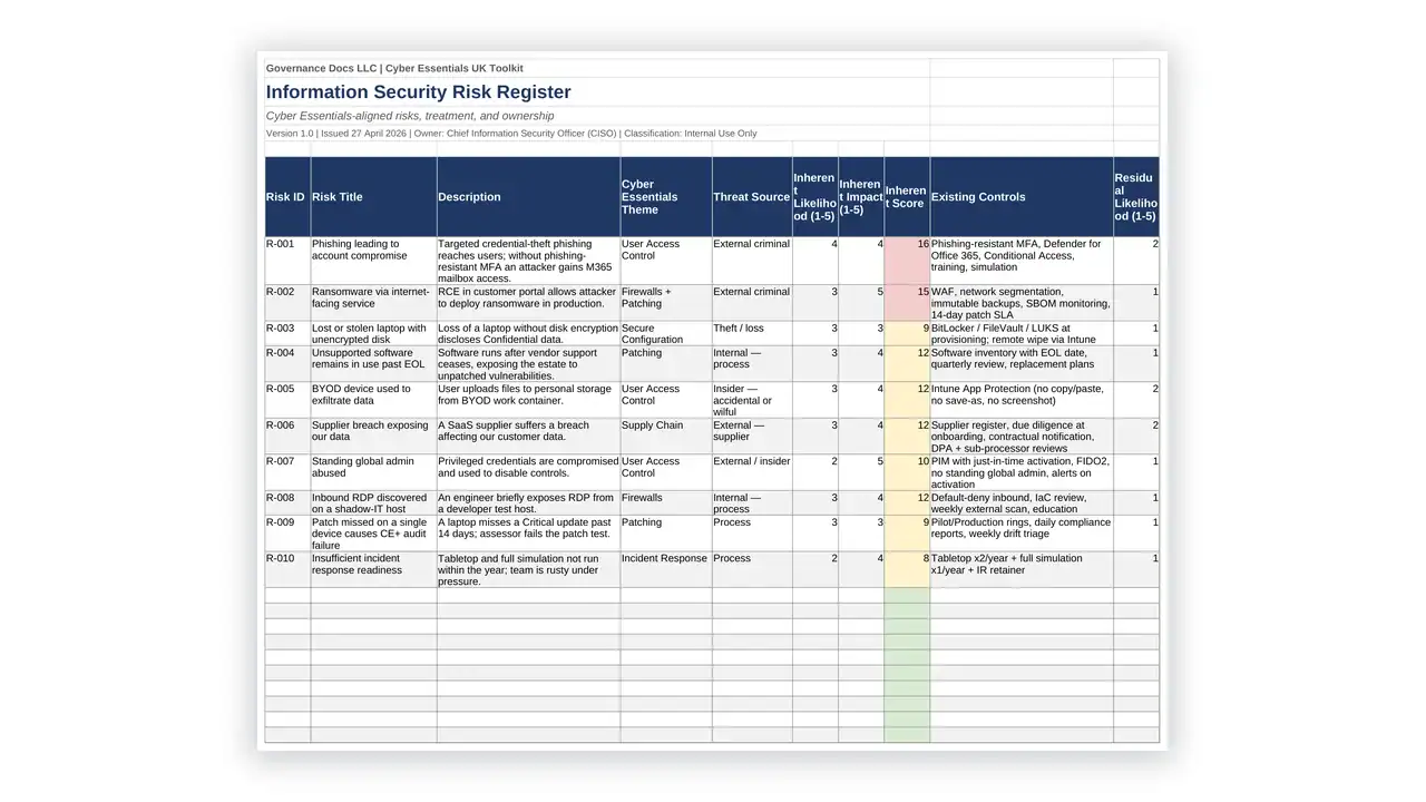 Preview of the 22 Risk Register from the Cyber Essentials UK Toolkit on iso-toolkits.com