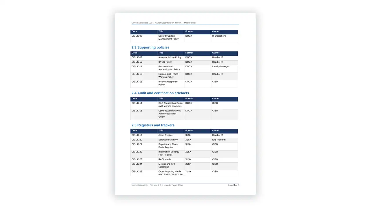 Preview of the 00 Toolkit Master Index from the Cyber Essentials UK Toolkit on iso-toolkits.com