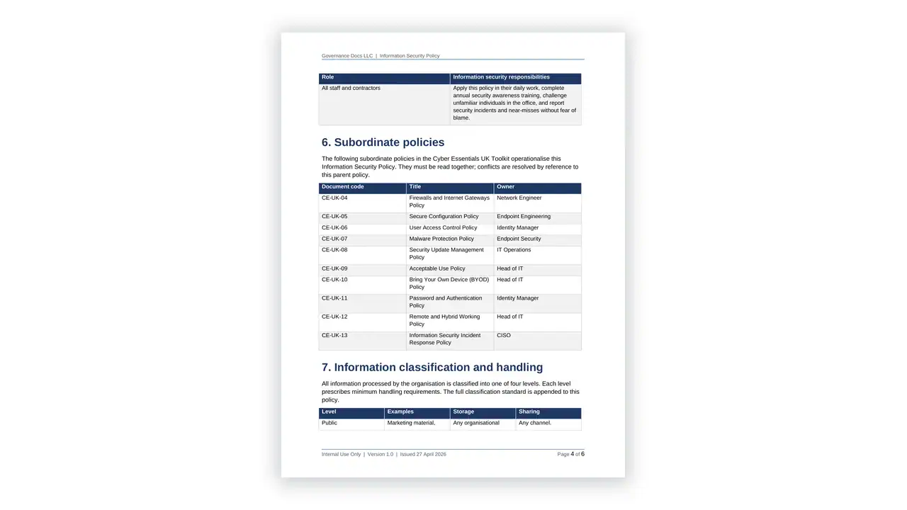 Preview of the 03 Information Security Policy from the Cyber Essentials UK Toolkit on iso-toolkits.com