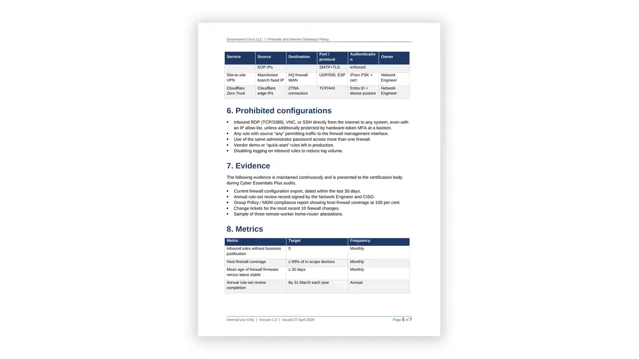 Preview of the 04 Firewalls and Internet Gateways Policy from the Cyber Essentials UK Toolkit on iso-toolkits.com