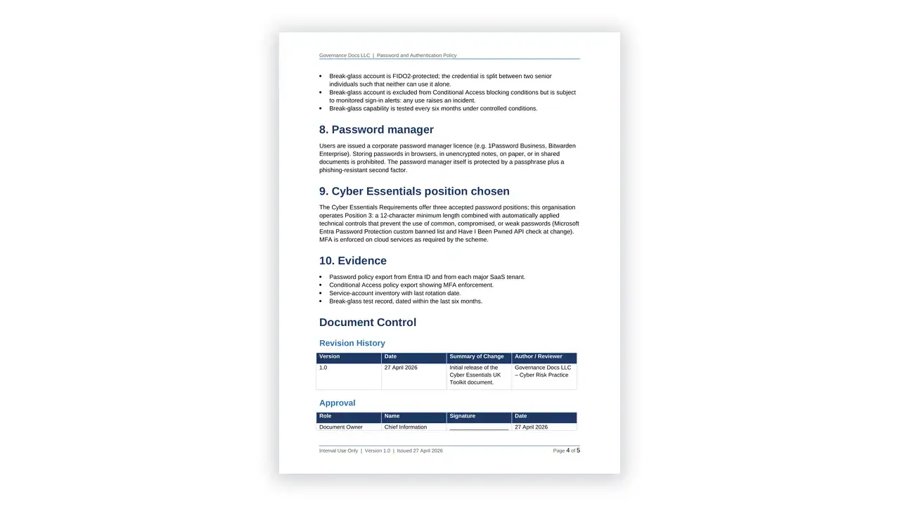 Preview of the 11 Password and Authentication Policy from the Cyber Essentials UK Toolkit on iso-toolkits.com