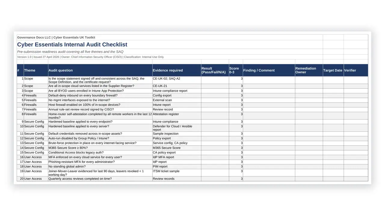 Preview of the 26 Internal Audit Checklist from the Cyber Essentials UK Toolkit on iso-toolkits.com
