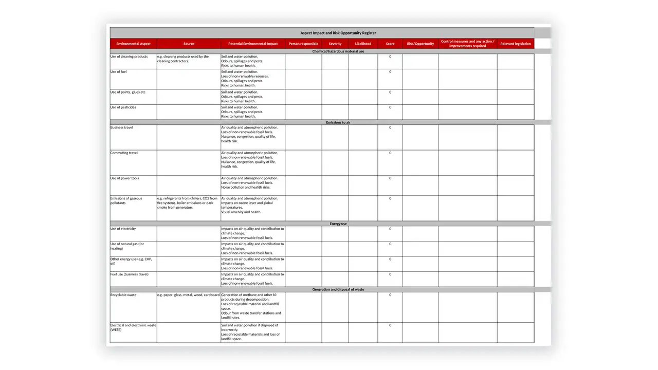 Preview of the Aspect Impact and Risk Opportunity Register from the ESG Toolkit on iso-toolkits.com