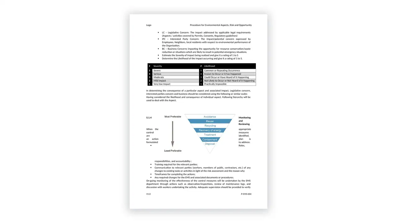Preview of the Procedure for Environmental Aspects, Risk and Opportunity from the ESG Toolkit on iso-toolkits.com