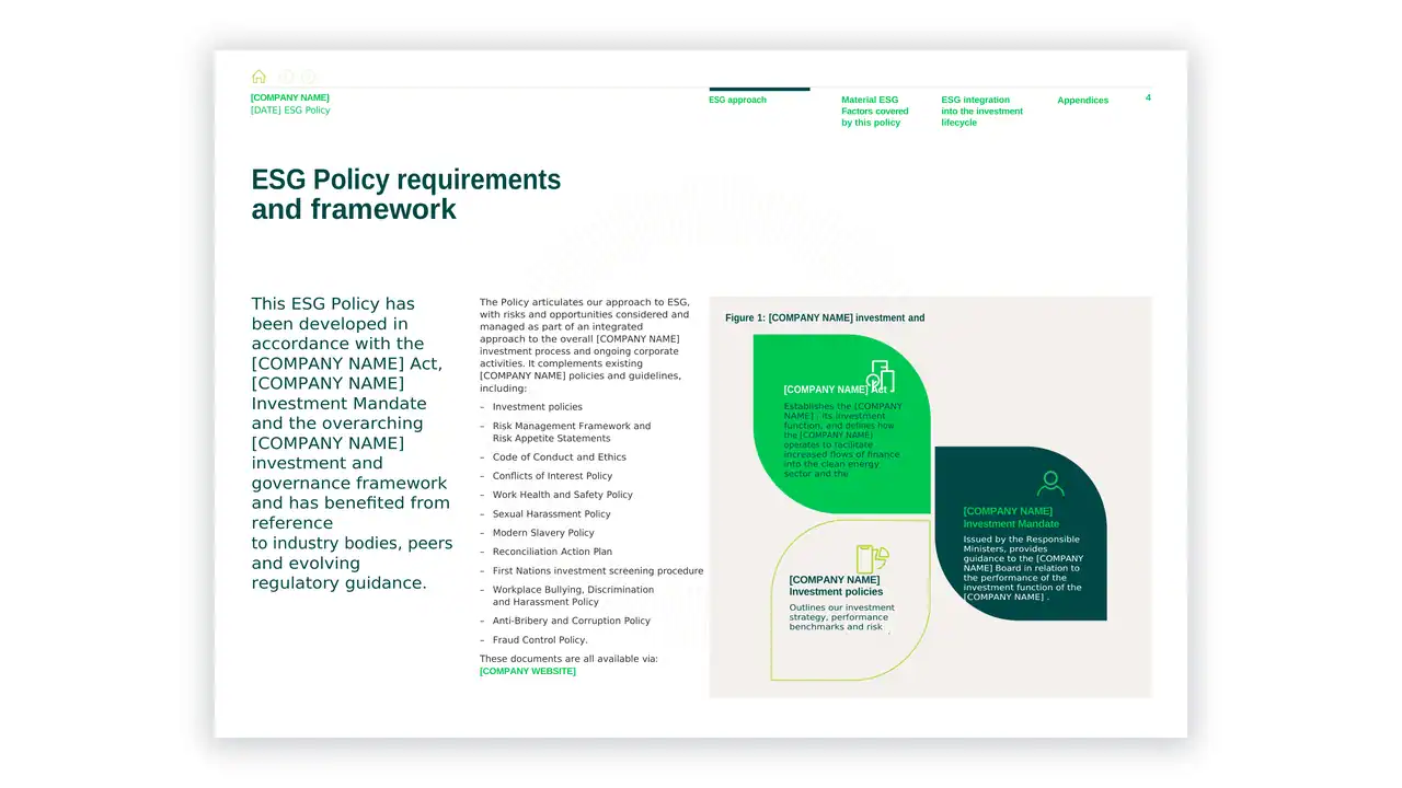 Preview of the ESG Policy - Template 4 (Green Bank) from the ESG Toolkit on iso-toolkits.com