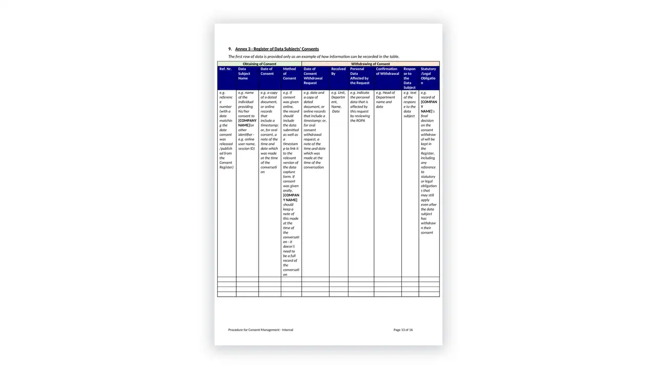 Preview of the Procedure for Consent Management from the GDPR Toolkit on iso-toolkits.com
