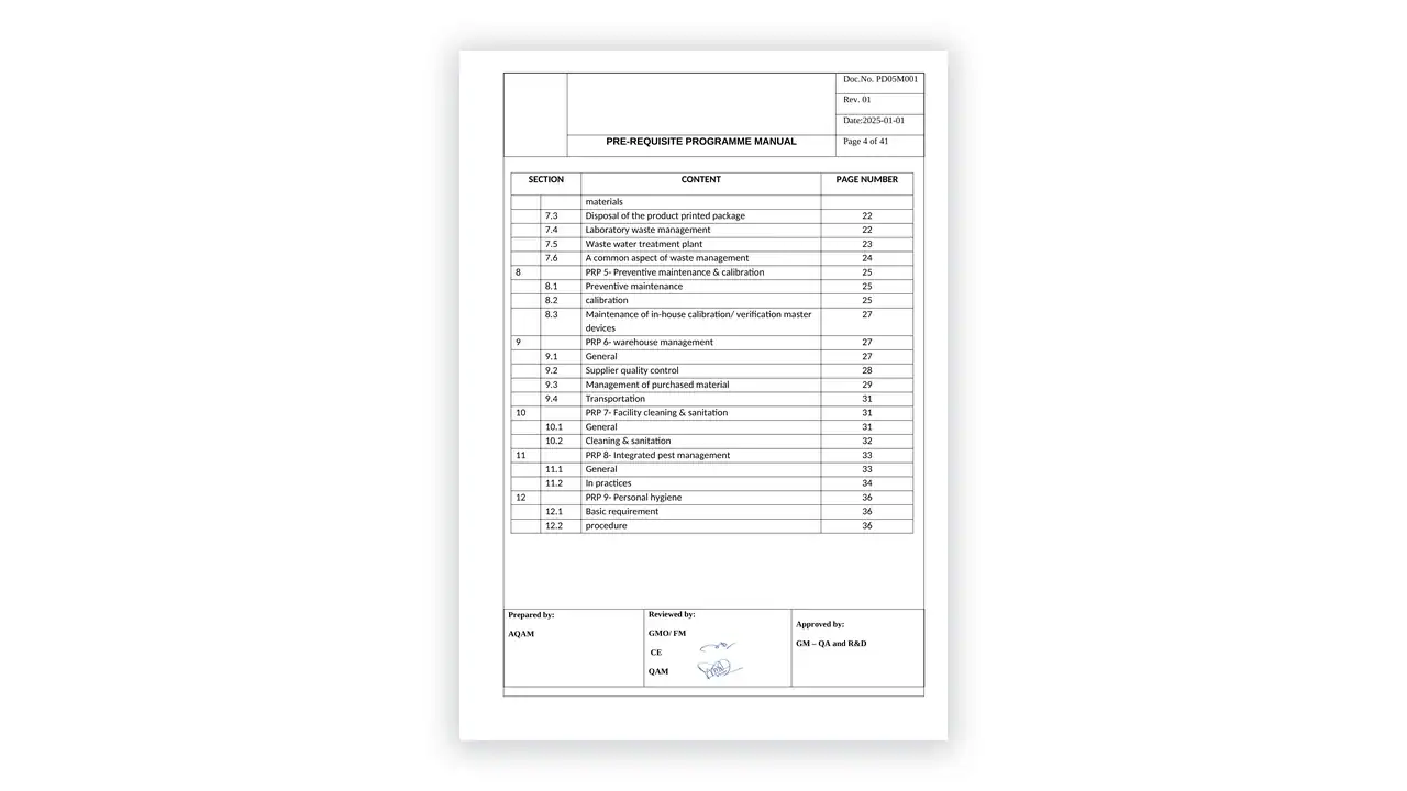 Preview of the Pre-Requisite Programme Manual from the HACCP Toolkit on iso-toolkits.com