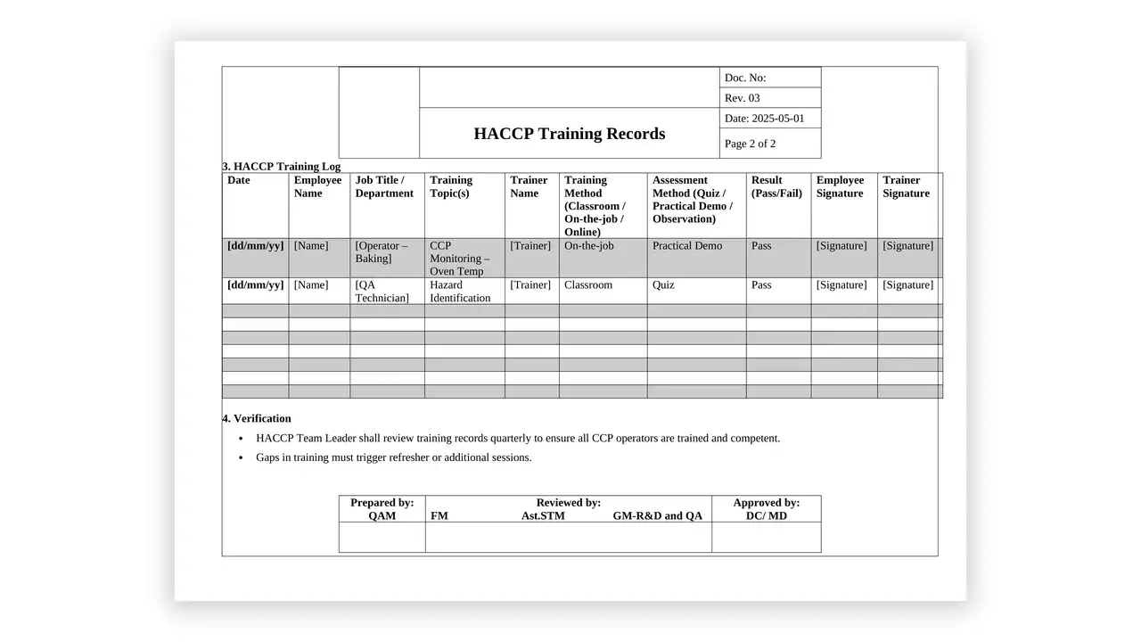 Preview of the HACCP Training Records from the HACCP Toolkit on iso-toolkits.com