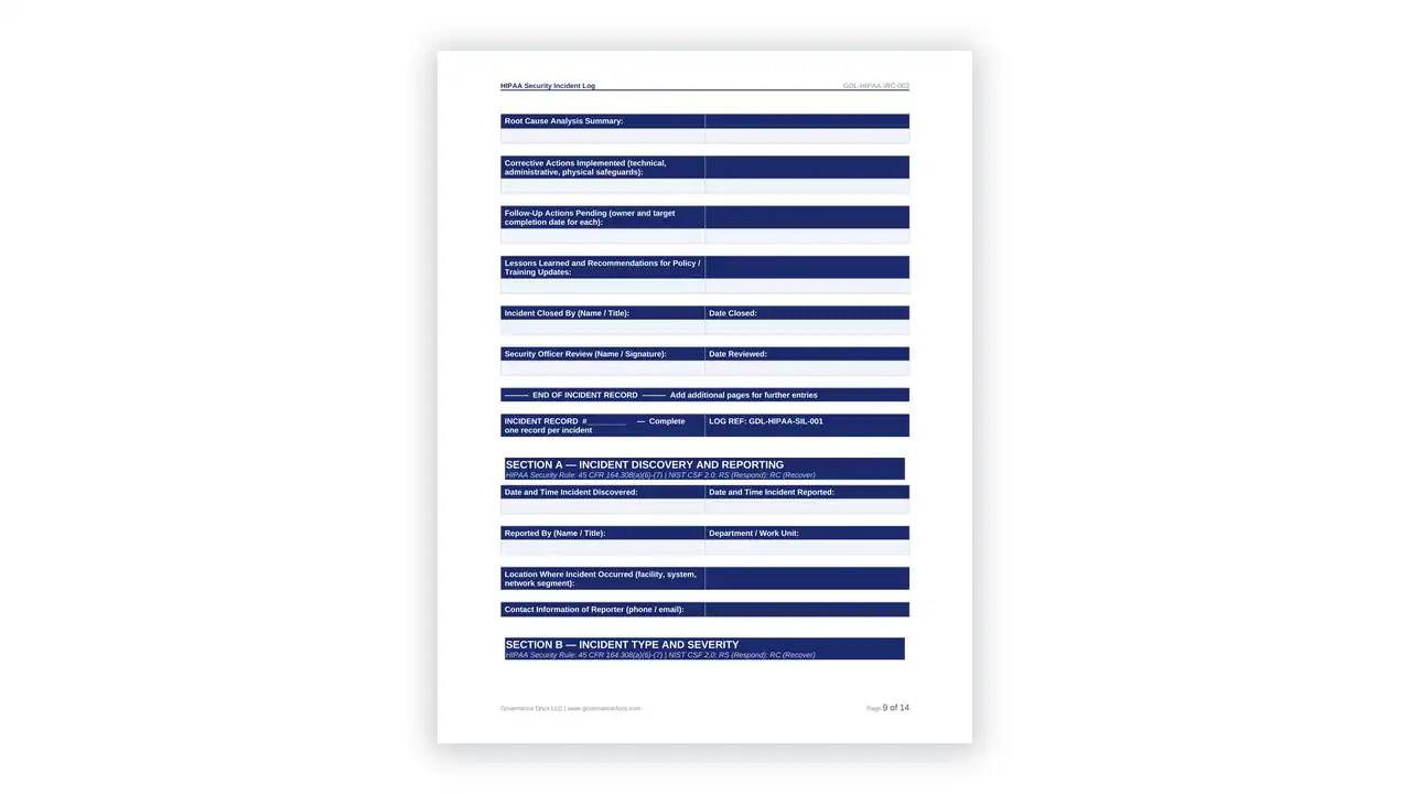 Preview of the HIPAA Security Incident Log from the HIPAA Toolkit on iso-toolkits.com
