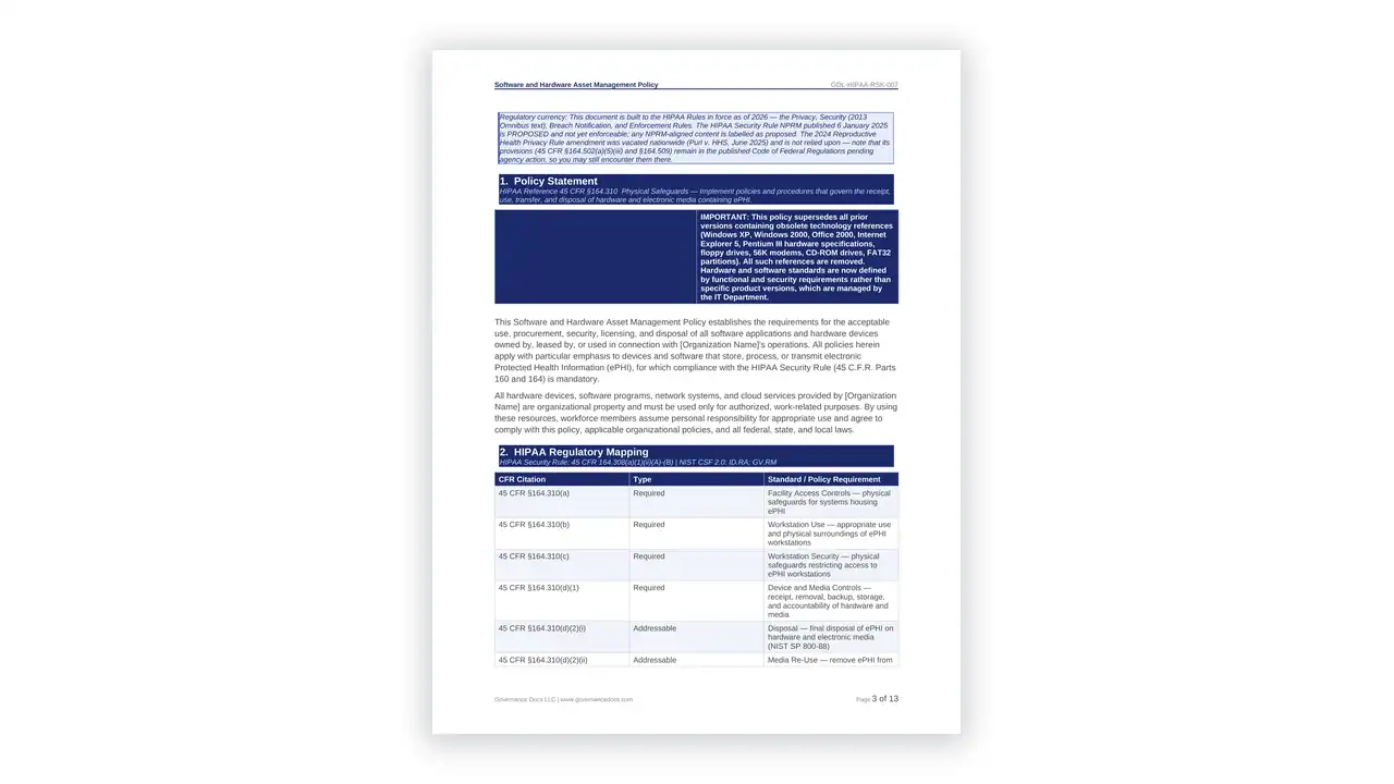Preview of the Software and Hardware Asset Management Policy from the HIPAA Toolkit on iso-toolkits.com