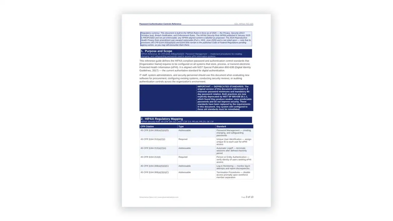 Preview of the Password Authentication Controls Reference from the HIPAA Toolkit on iso-toolkits.com