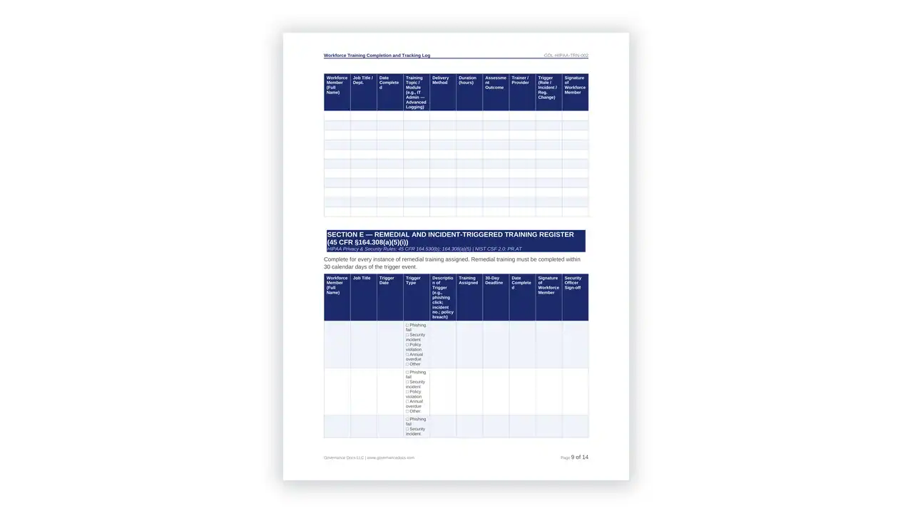 Preview of the Workforce Training Completion and Tracking Log from the HIPAA Toolkit on iso-toolkits.com