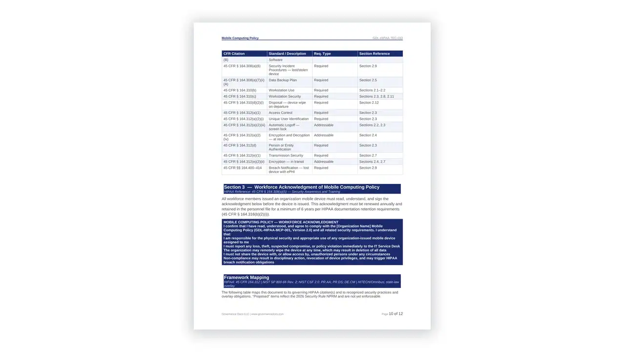 Preview of the Mobile Computing Policy from the HIPAA Toolkit on iso-toolkits.com