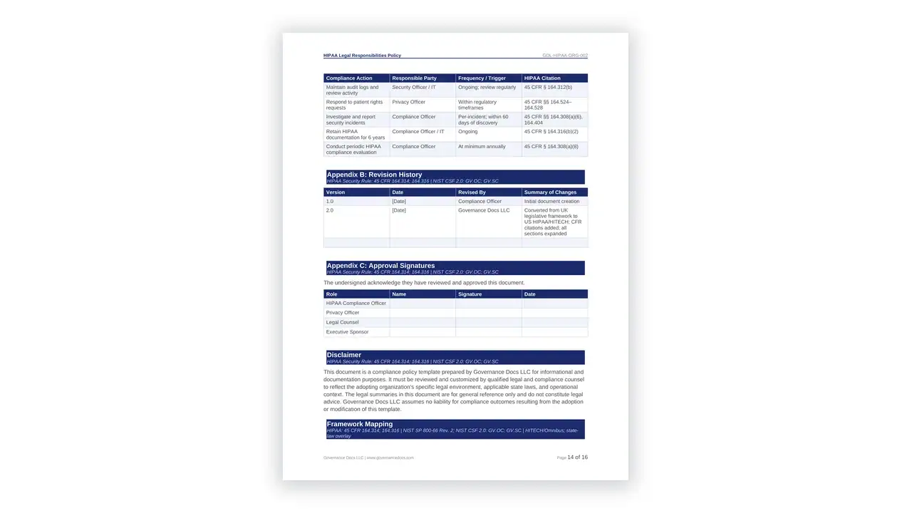 Preview of the HIPAA Legal Responsibilities Policy from the HIPAA Toolkit on iso-toolkits.com