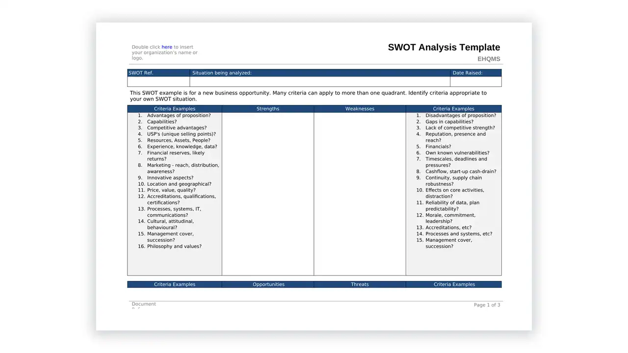 Preview of the 03 SWOT Analysis Template from the IMS Toolkit on iso-toolkits.com