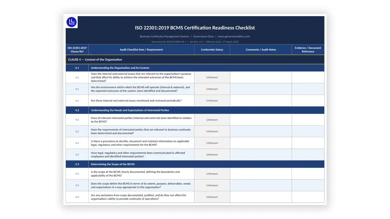 Preview of the ISO22301 Certification Readiness Checklist from the ISO 22301 Toolkit on iso-toolkits.com