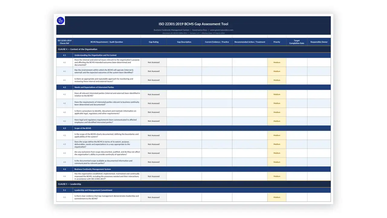 Preview of the ISO22301 BCMS Gap Assessment Tool from the ISO 22301 Toolkit on iso-toolkits.com
