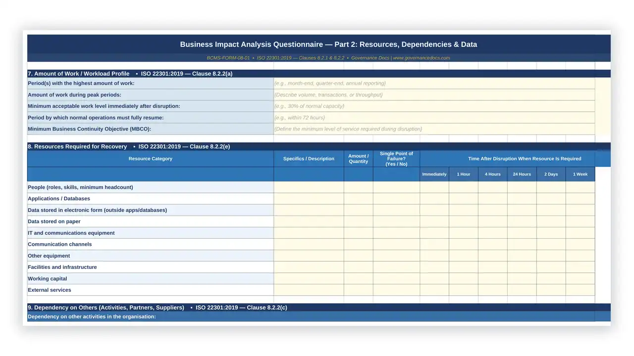 Preview of the Business Impact Analysis Tool from the ISO 22301 Toolkit on iso-toolkits.com